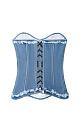 Джинсовый корсет из 100% хлопка. Модель без бретелей, с фигурным вырезом по верхнему краю. Верхний и нижний края декорированы бахромой. Рельефные швы спереди формируют силуэт.