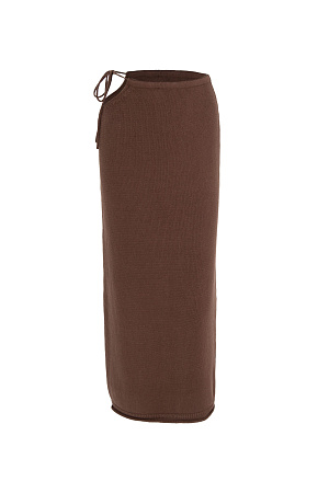 коричневый Трикотажная юбка миди из 100% хлопка. Модель по фигуре, с вырезом сбоку, шнурком-завязкой на талии и валиком по низу изделия. Дополнить образ можно топом на одно плечо.