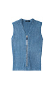Трикотажный жилет из хлопка с добавлением эластана. Модель приталенного силуэта, без рукавов, с V-образным вырезом горловины. Застежка на молнию. Цвет имитирует вареную джинсу.