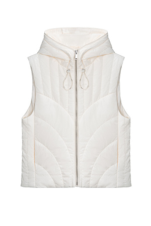 молочный Жилет на синтепоне с капюшоном. Модель свободного силуэта с боковыми карманами. Капюшон регулируется кулиской. Застежка на молнию. На подкладке. 