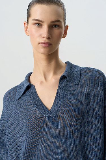 Джемпер из 100% льна с воротником поло