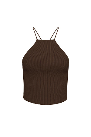 коричневый Трикотажный топ в рубчик из вискозы. Открытая спина на кулиске и тонких бретелях. 