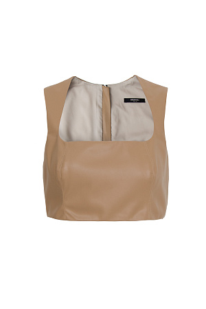 бежевый Топ из экокожи с квадратным вырезом и застежкой на молнии сзади. Дополнить образ можно плиссированной юбкой. 