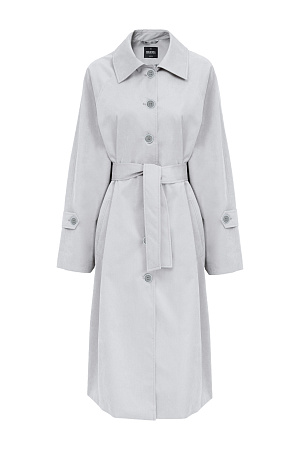 серый Oversize тренч с декоративными разрезами по бокам. Подкладка из клетчатой ткани, широкий пояс из основного материала, боковые карманы. Длинные рукава с патами на манжетах и разрезами. Застежка на пуговицы.