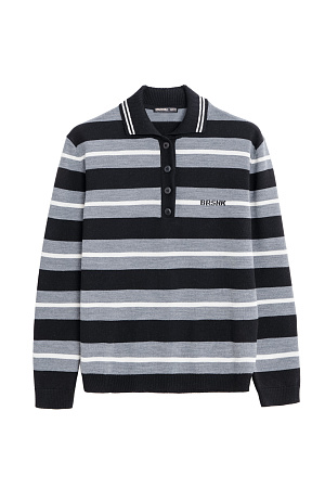 серый Трикотажный джемпер из шерсти в полоску. Модель свободного силуэта, с длинными рукавами, воротником поло на пуговицах и брендированным жаккардом на груди. Манжеты, воротничок и низ изделия выполнены в рубчик.