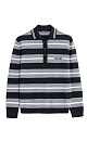 Трикотажный джемпер из шерсти в полоску. Модель свободного силуэта, с длинными рукавами, воротником поло на пуговицах и брендированным жаккардом на груди. Манжеты, воротничок и низ изделия выполнены в рубчик.