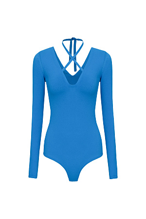 голубой Трикотажное боди из вискозы с акцентным вырезом и лентой-завязкой на шее.