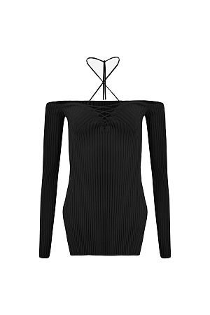 черный Трикотажные топ из вискозы. Модель с длинными рукавами, разрезами по бокам и глубоким декольте со шнуровкой.