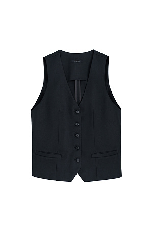 черный Классический жилет с имитацией карманов и v-образным вырезом. Застежка на пуговицы. Без подкладки.