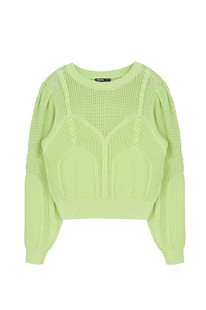 зеленый Хлопковый джемпер с круглым вырезом и объемными рукавами. Ажурный рисунок с объемными косами.