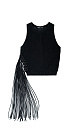 Трикотажный ажурный топ из 100% хлопка. Модель прямого силуэта, без рукавов, с круглым вырезом горловины. Изделие декорировано длинной бахромой и люверсами.