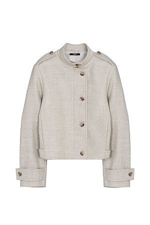 бежевый Шерстяной бомбер с воротником-стойкой. Манжеты рукавов декорированы патами и пуговицами. Застежка на пуговицы. На подкладке.