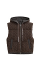 Стеганый жилет на пуху с трикотажным верхом, выполненным объемными косами из мягкой шерсти. Модель прямого кроя, с капюшоном и двумя карманами. Низ изделия выполнен на резинке. На подкладке. 