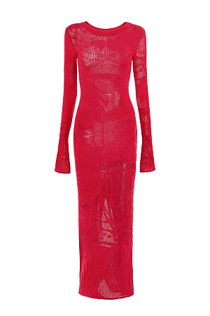 фуксия Трикотажное платье длины макси из органического хлопка. Модель приталенного силуэта, с длинными рукавами, круглым вырезом горловины и разрезом сзади. Изделие декорировано жаккардовым рисунком в виде дракона.<br />
Органический хлопок - более экологичная и безопасная альтернатива обычному хлопку, выращенная без использования химикатов. 