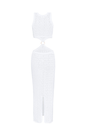 белый Трикотажный ажурный сарафан из хлопка с добавлением эластана. Модель без рукавов, с круглым вырезом горловины. Сарафан декорирован кольцом, соединящим верх и юбку изделия. Края выполнены в рубчик.