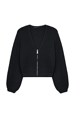 черный Трикотажный кардиган из 100% хлопка. Модель укороченного силуэта, со спущенной линией плеч, V-вырезом и застежкой на молнию.