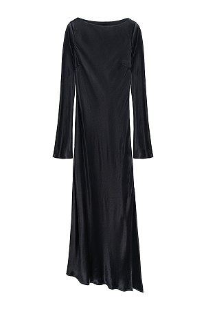 черный Платье длины миди из атласной 100% вискозы. Модель приталенного силуэта, с круглым вырезом горловины и длинными расклешенными рукавами. Боковой разрез. Застежка на потайную молнию сбоку.