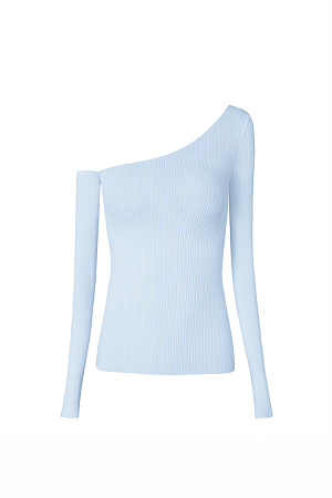 голубой Трикотажный топ из вискозы. Модель приталенного силуэта с длинными рукавами и асимметричным вырезом горловины, открывающим одно плечо.