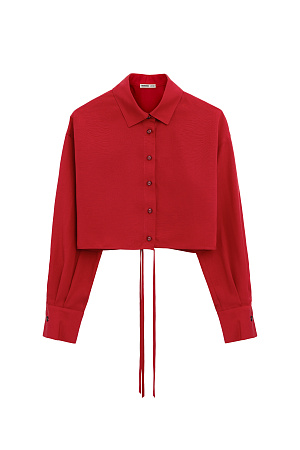 красный Укороченная рубашка с завязками. Модель свободного силуэта со спущенной линией плеча, манжеты на пуговицах. Дополнить образ можно юбкой в таком же стиле.