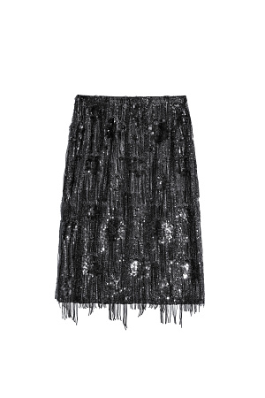 черный Юбка длины миди с геометрическим орнаментом, вышитым прозрачными пайетками. Модель декорирована россыпью пайеток и бахромой на подоле. Изделие выполнено без подкладки.