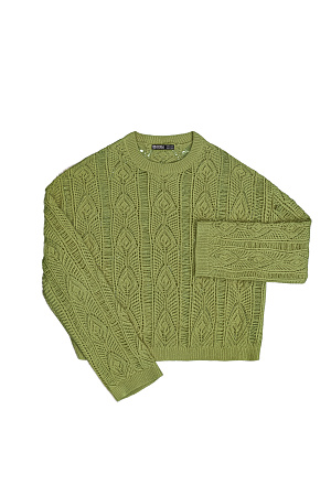 хаки Трикотажный джемпер из шерсти альпака ажурной вязки. Модель свободного силуэта со спущенной линией плеч и круглым вырезом горловины. Манжеты и низ изделия выполнены в рубчик.