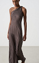 Принтованное платье длины миди из 100% вискозы. Модель приталенного силуэта, без рукавов, с перекрученной лямкой на одно плечо и слегка расклешенной, свободно струящейся юбкой. 