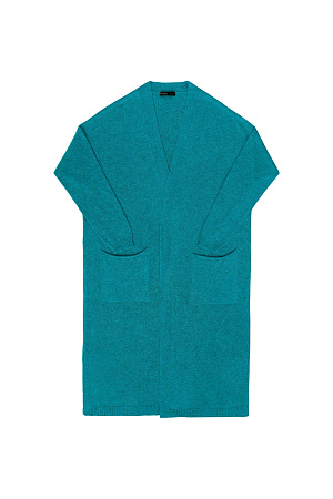 изумрудный Длинный трикотажный кардиган из вискозы. Модель прямого кроя, с двумя боковыми карманами, шлевками на талии и поясом.