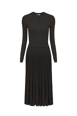 черный Платье из шерсти и вискозы миди длины с юбкой-плиссе и планкой с пуговицами на груди. Имеется подъюбник.