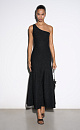 Трикотажное платье длины миди из вискозы с добавлением люрекса. Модель приталенного силуэта с юбкой, расклешенной от талии, без рукавов, с асимметричным вырезом на одно плечо.