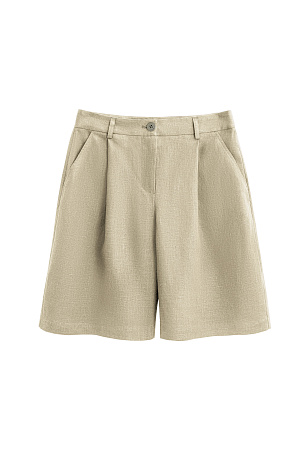 зеленый Шорты из 100% льна. Модель с высокой посадкой, широкими штанинами и складками спереди. Два кармана спереди и сзади. Застежка на пуговицу и молнию. Шлевки на поясе для ремня. 