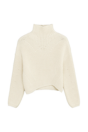 молочный Трикотажный джемпер из шерсти Альпака с асимметричным нижним краем и декоративными дорожками. Модель свободного силуэта со спущенным плечом.