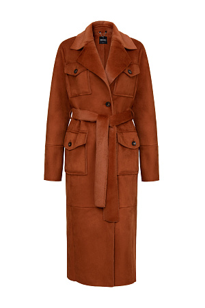 оранжевый Длинная дубленка из экомеха. Модель прямого силуэта с английским воротником, накладными карманами и поясом. Изделие выполнено на подкладке из экомеха.