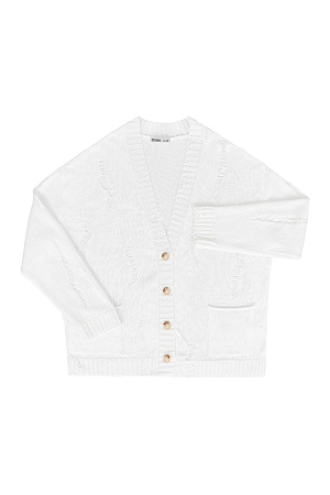 белый Кардиган из 100% льна с рваным узором. Дополнить образ можно топом.