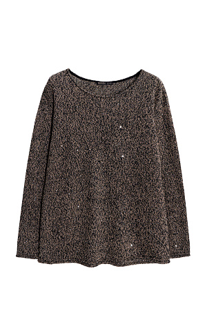 коричневый Трикотажный джемпер из хлопка с пайетками и люрексом. Модель свободного силуэта с длинными рукавами и круглым вырезом горловины.