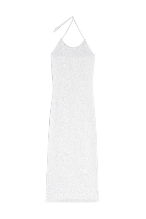 белый Трикотажное платье длины миди из хлопка с добавлением вискозы. Изделие декорировано мелкими пайетками. Модель прямого кроя с открытой спиной и двумя лямками-завязками на шее. Без подкладки.