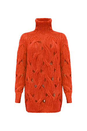 оранжевый Объемный удлиненный джемпер с мохером, вязка выполнена крупными косами. Высокий ворот под горло. Манжеты рукавов и низ изделия на резинке. 