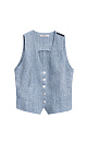 Жилет изо льна. Модель прямого кроя с V-образным вырезом и имитацией карманов. Застежка на пуговицы. Дополнить образ можно джинсами в таком же стиле.