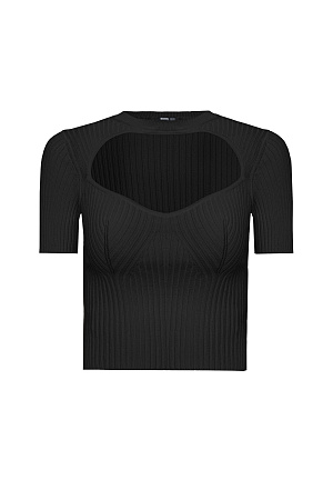 черный Трикотажный топ в рубчик с коротким рукавом и вырезом на груди.