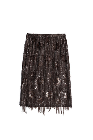 коричневый Юбка длины миди с геометрическим орнаментом, вышитым прозрачными пайетками. Модель декорирована россыпью пайеток и бахромой на подоле. Изделие выполнено без подкладки.