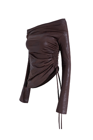 коричневый Топ из нейлона на кулиске. Модель с длинным рукавом, асимметричным низом и сложной драпировкой. Дополнить образ можно юбкой в таком же стиле. 