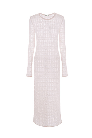 бежевый Ажурное платье длины миди из тонкой пряжи супер кид мохера и беби альпака. Модель приталенного силуэта, с длинными рукавами и круглым вырезом горловины. Платье-комбинация из вискозы в комплекте. 