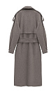 Длинное двубортное шерстяное пальто с добавлением верблюжьей шерсти. Модель прямого свободного силуэта с отложным воротником и боковыми карманами. Изделие декорировано отлетной кокеткой и широкими лацканами на плечах. На талии расположены шлевки, через которые продевается пояс, выполненный из того же материала, что и пальто. Без подкладки. 