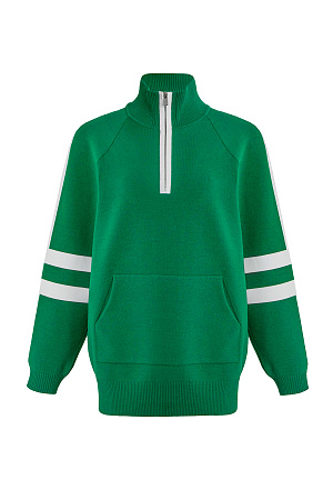 зеленый Джемпер из вискозы в спортивном стиле. Лампасы на рукавах. Высокий воротник. Застежка-молния.