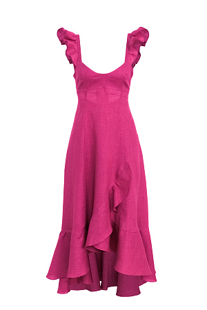 фуксия Сарафан длины миди из 100%&nbsp;&nbsp;льна. Модель без рукавов на широкиз лямках с оборками, открытой спиной, асимметричным низом и воланами на юбке. 