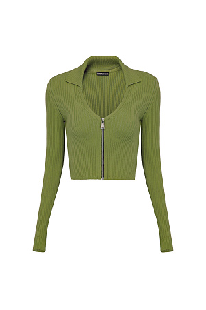 хаки Укороченный кардиган на молнии. Модель приталенного силуэта с отложным воротником и застежкой на молнию.
