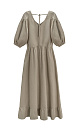 Длинное платье из 100% льна с расклешением от талии и широким асимметричным воланом внизу. Короткий рукав на резинке. V-образный вырез с завязками на спине.