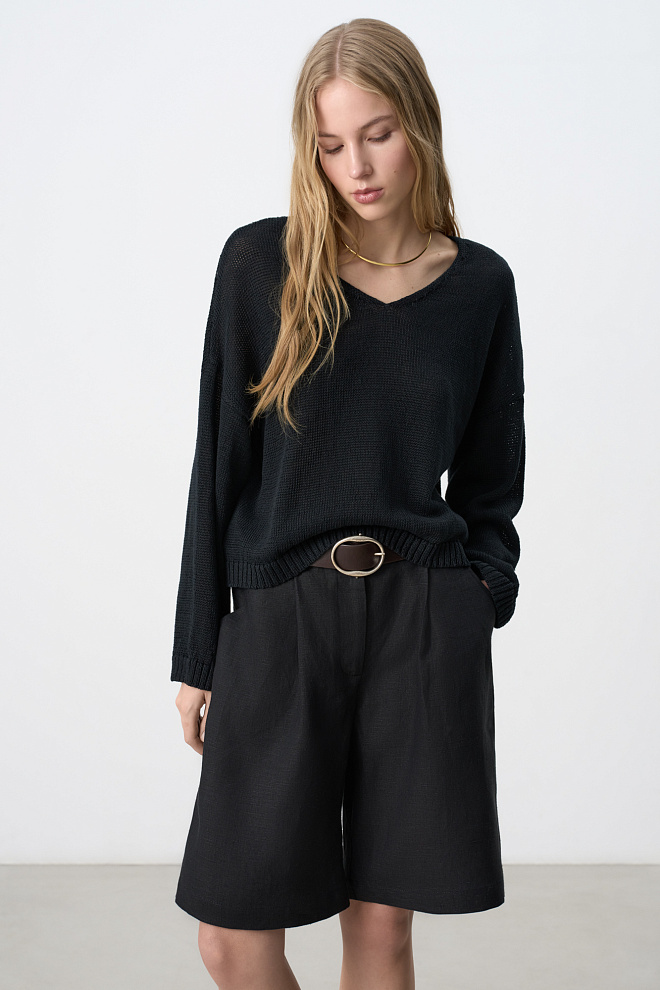 Джемпер из 100% льна с V-образным вырезом