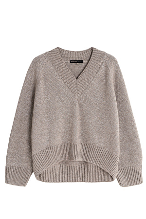 бежевый Трикотажный джемпер из шерсти мериноса с люрексом. Модель свободного силуэта с V-образным вырезом. 