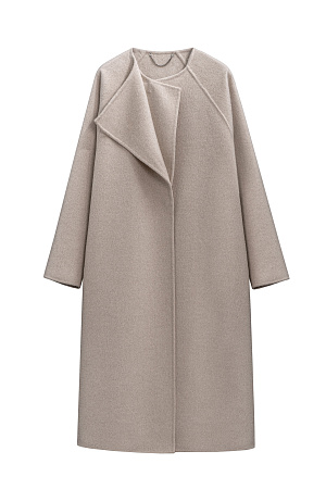 бежевый Шерстяное пальто из двусторонней ткани. Модель прямого кроя без воротника. Застежка на скрытые магнитные пуговицы. Изделие без подкладки. Модель декорирована асимметричным лацканом. Пояс из экокожи в комплекте.