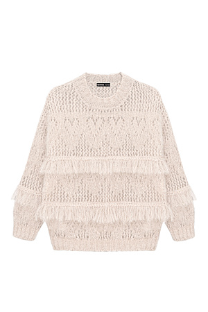 бежевый Ажурный джемпер с вывязанным узором и бахромой. Модель свободного силуэта со спущенной линией плеч и круглым вырезом горловины. Края изделия выполнены в рубчик. 